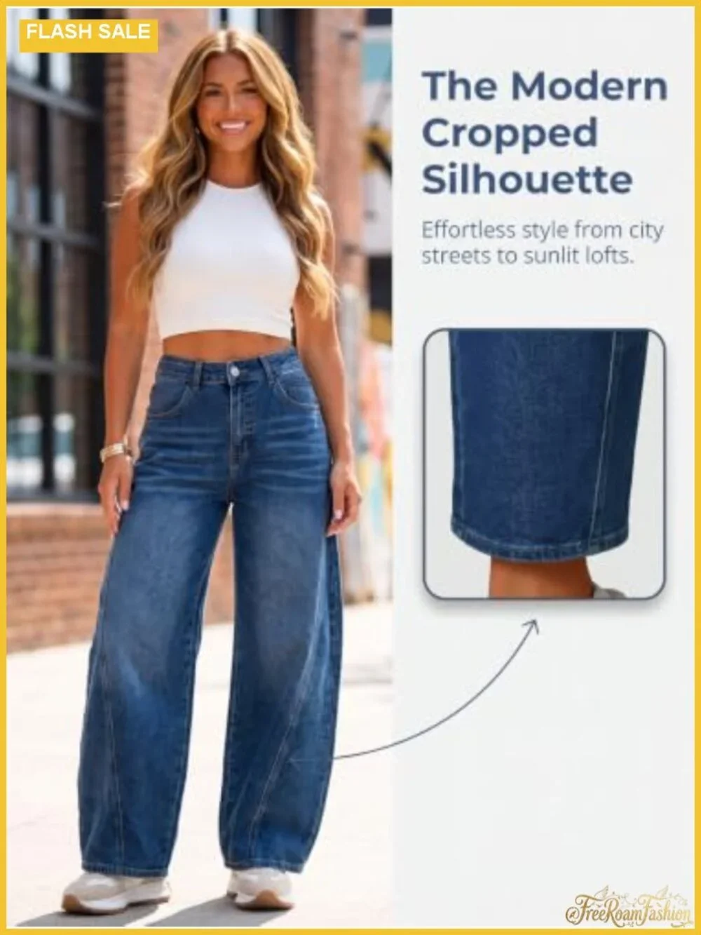 Womens Wide Leg Baggy Cropped Jeans High Waist Stretch Denim Pants